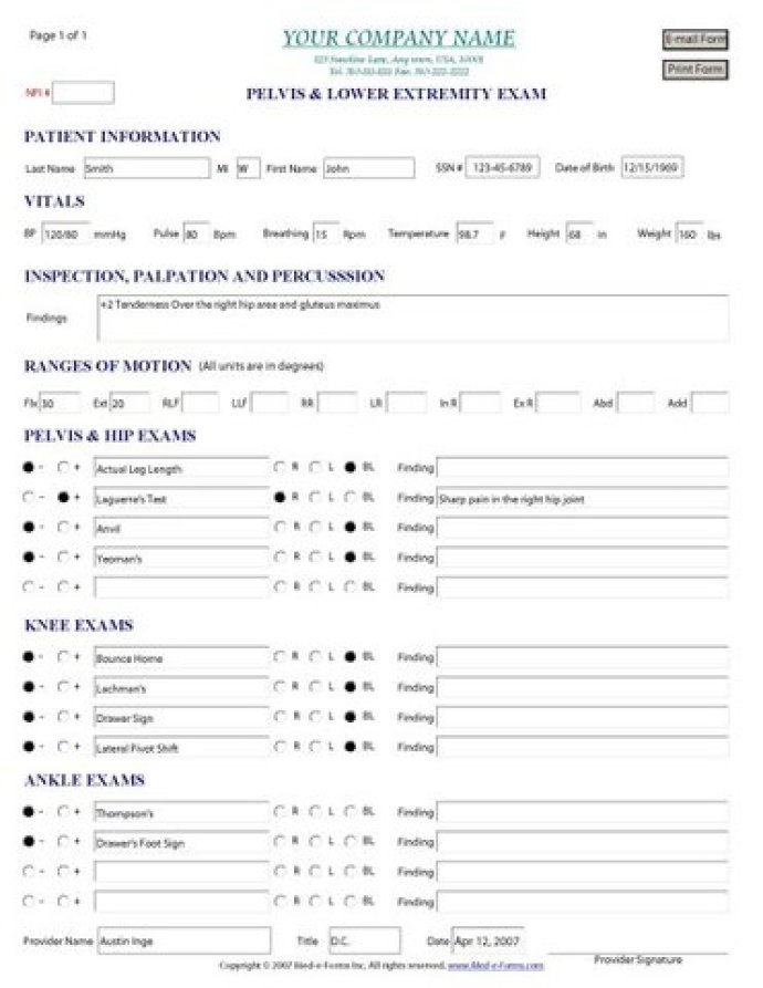 Pelvis & Lower Extremity Exam Form Sample Free Download